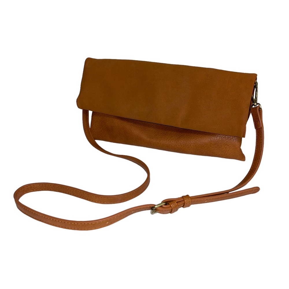 Anthropologie Foldover Crossbody Bag Purse Faux Leather Suede Brown 12.5" x 8"